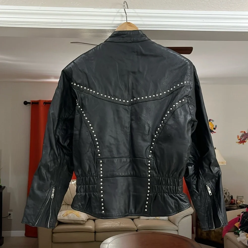Vintage 80s Black Biker Rock-N-Roll Leather Studded Jacket Zip-Front - Picture 4 of 10